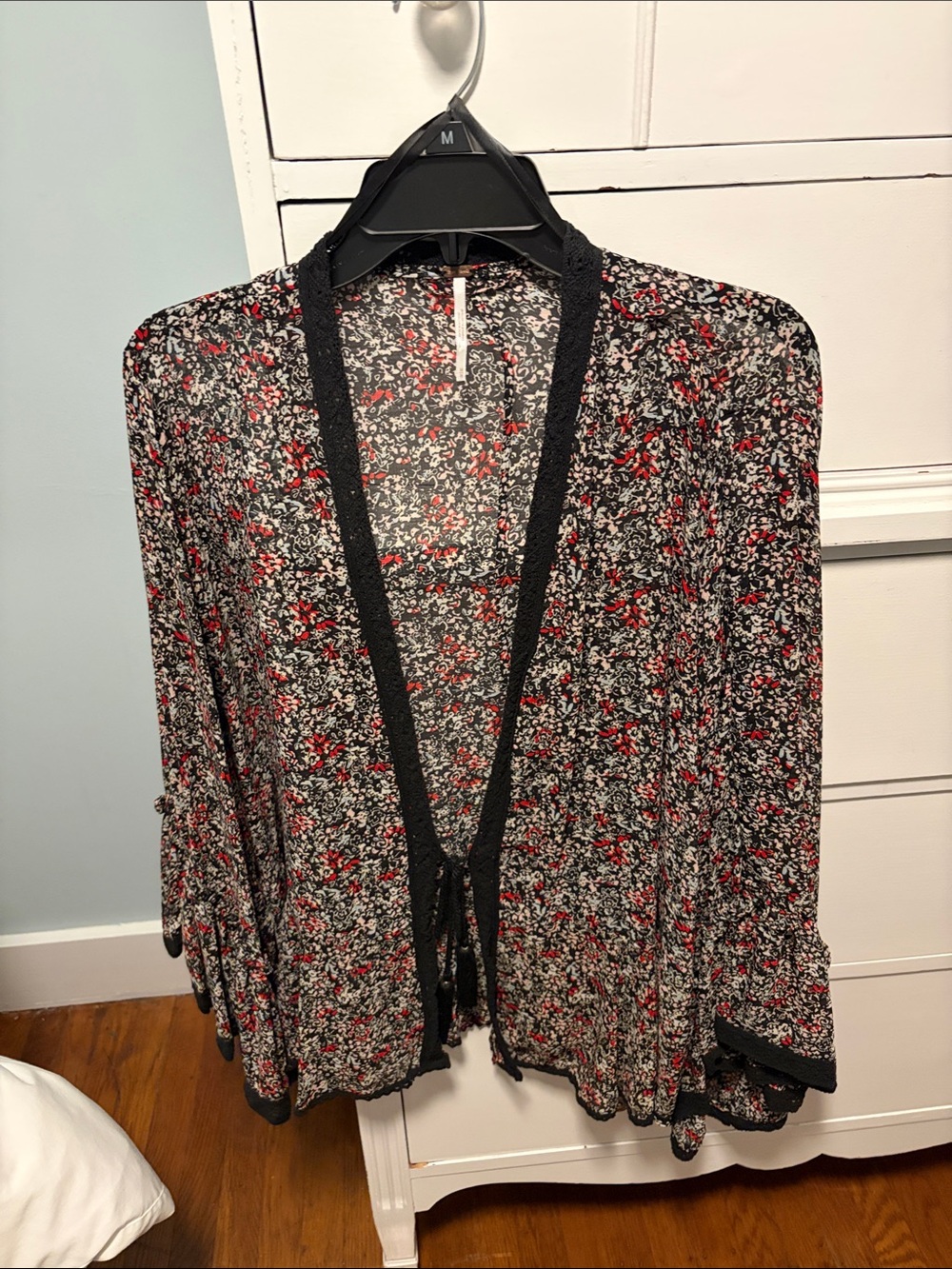 Free People Black Sheer Floral Cardigan with Red and White Accents